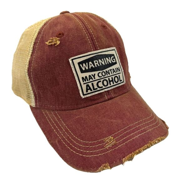 Vintage Life Warning May Contain Alcohol Distressed Trucker Hat Cap Headmost - Picture 1 of 7